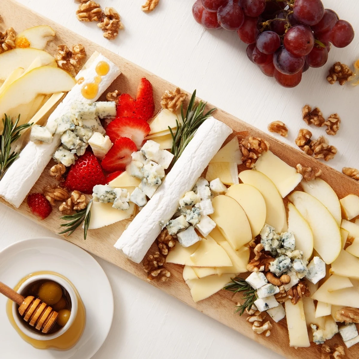 Dramatic cascading display of a waterfall edge grazing board with cheeses, fruits, and meats.