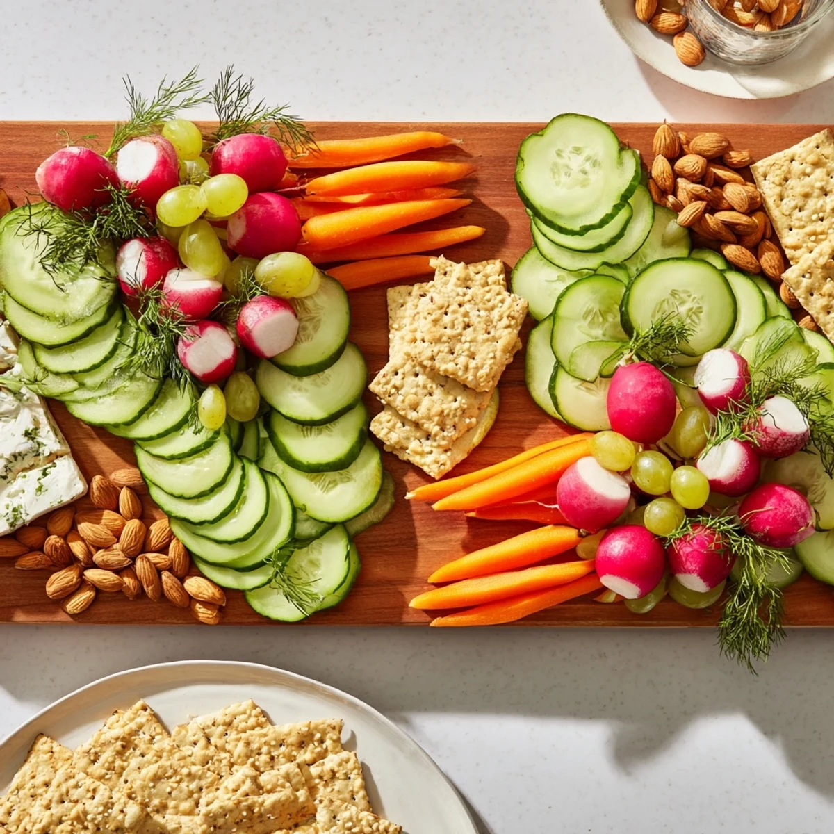 Symmetrical Zen Balance platter featuring vibrant veggies, gluten-free crackers, and goat cheese rounds for a snack.
