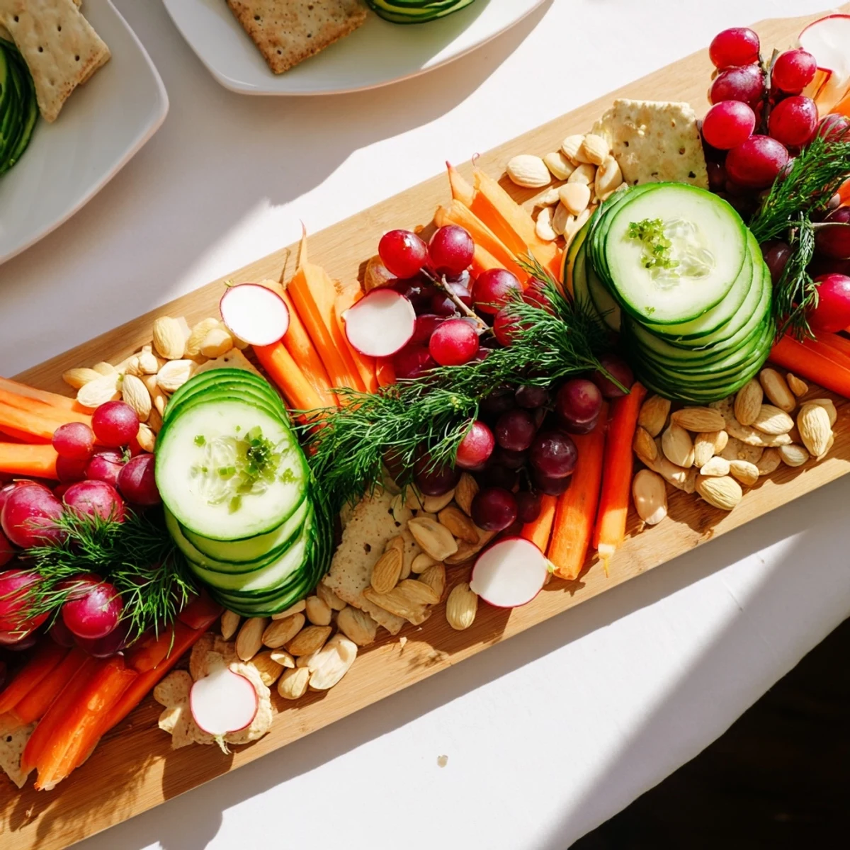 Impeccably balanced Zen Balance board, showcasing fresh cucumber, carrots, grapes, goat cheese, and almonds for a quick appetizer.