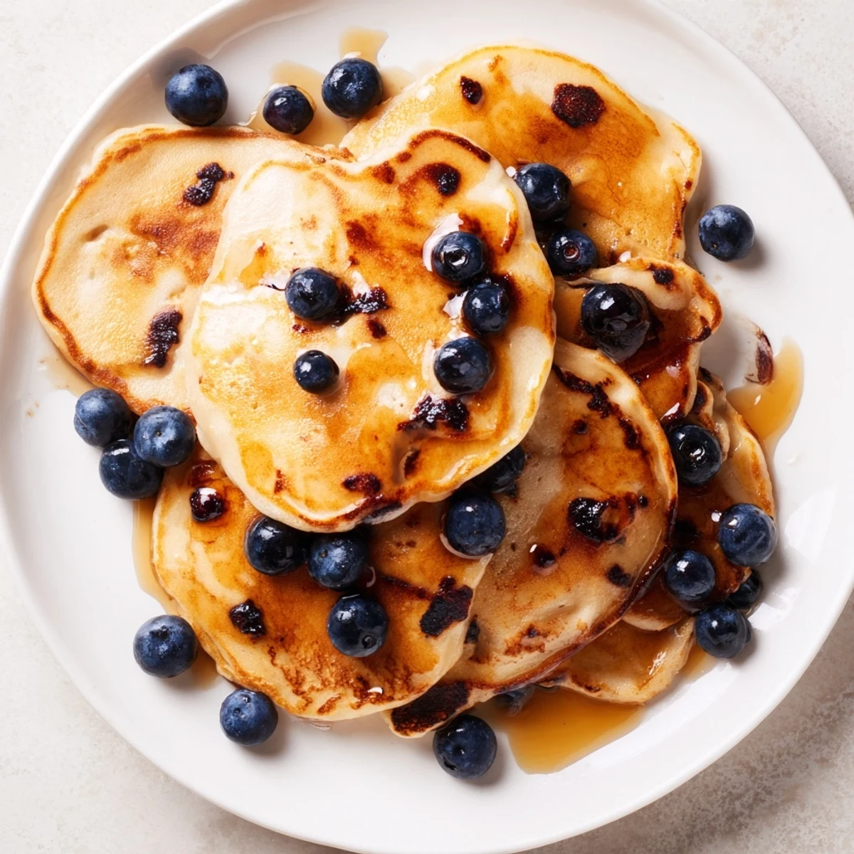 Fluffy scrambled pancakes, golden brown and gently folded, delicious breakfast served with fresh blueberries.