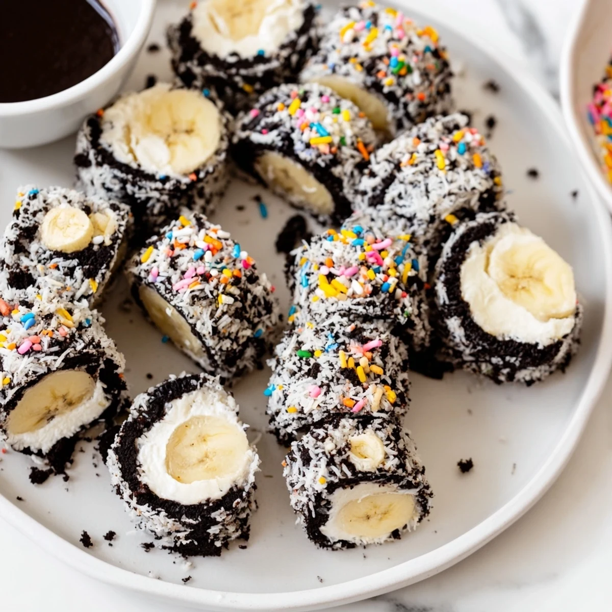 These festive Oreo Cookie Sushi Rolls, sliced and served, look playful and delicious.