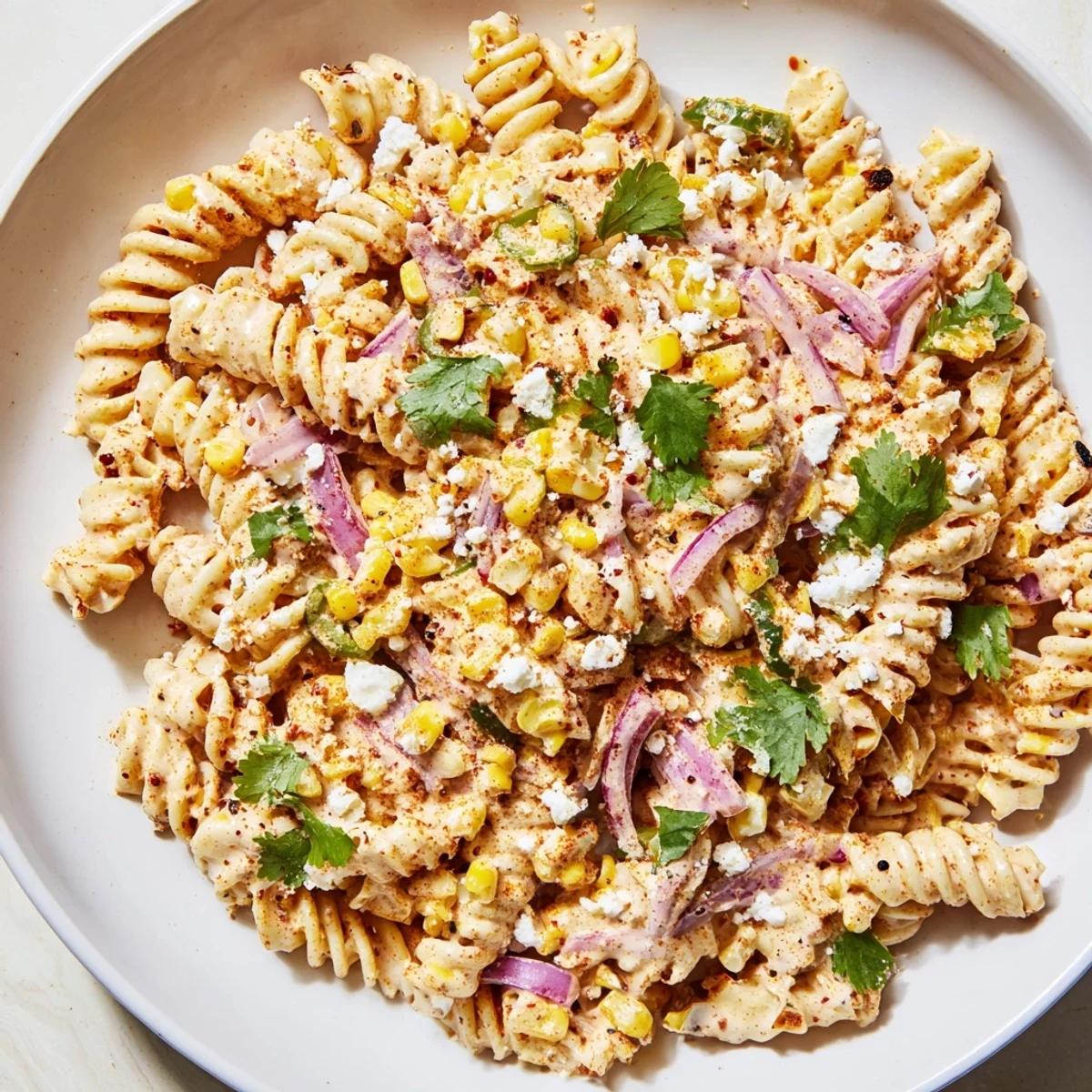 This Creamy Street Corn Pasta Salad showcases a summery bowl full of fresh ingredients with cotija cheese.