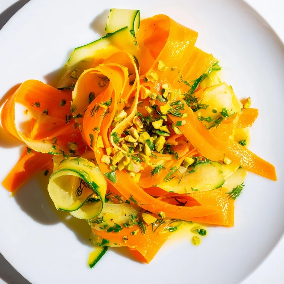 Delicate carrot ribbons in a Citrus Carrot Ribbon Salad, tossed with a zesty citrus dressing and mint.