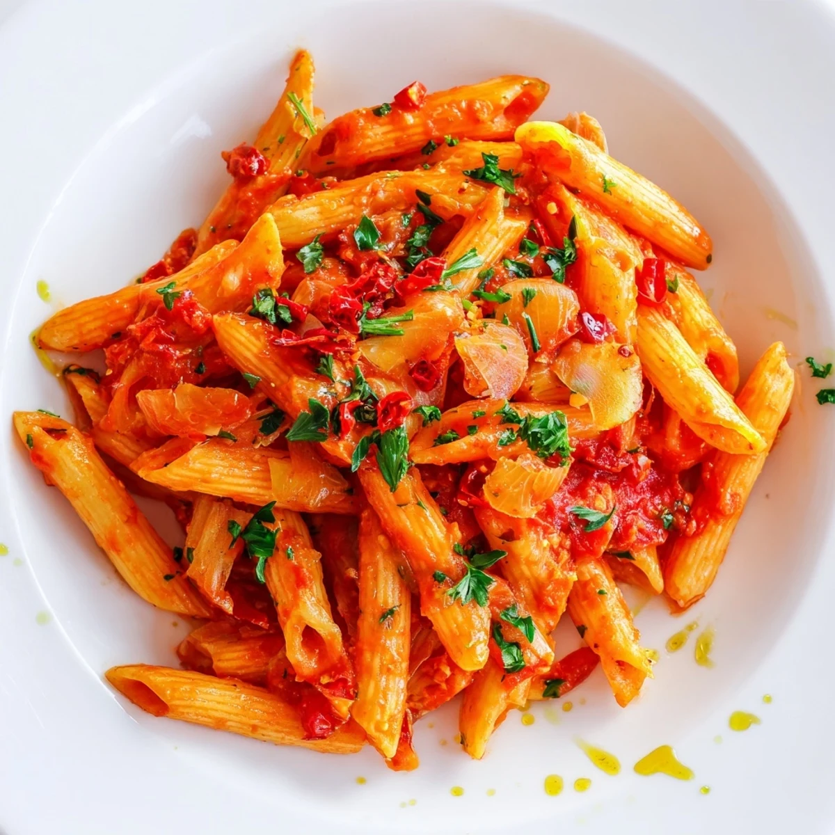 Hearty and flavorful penne all'arrabbiata, a classic vegan Italian pasta dish ready to serve.