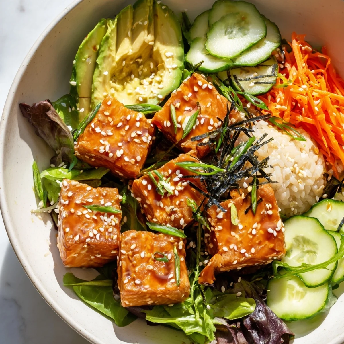 A colorful, close-up of a refreshing Poke Bowl Salad with perfectly diced fish and crunchy greens.