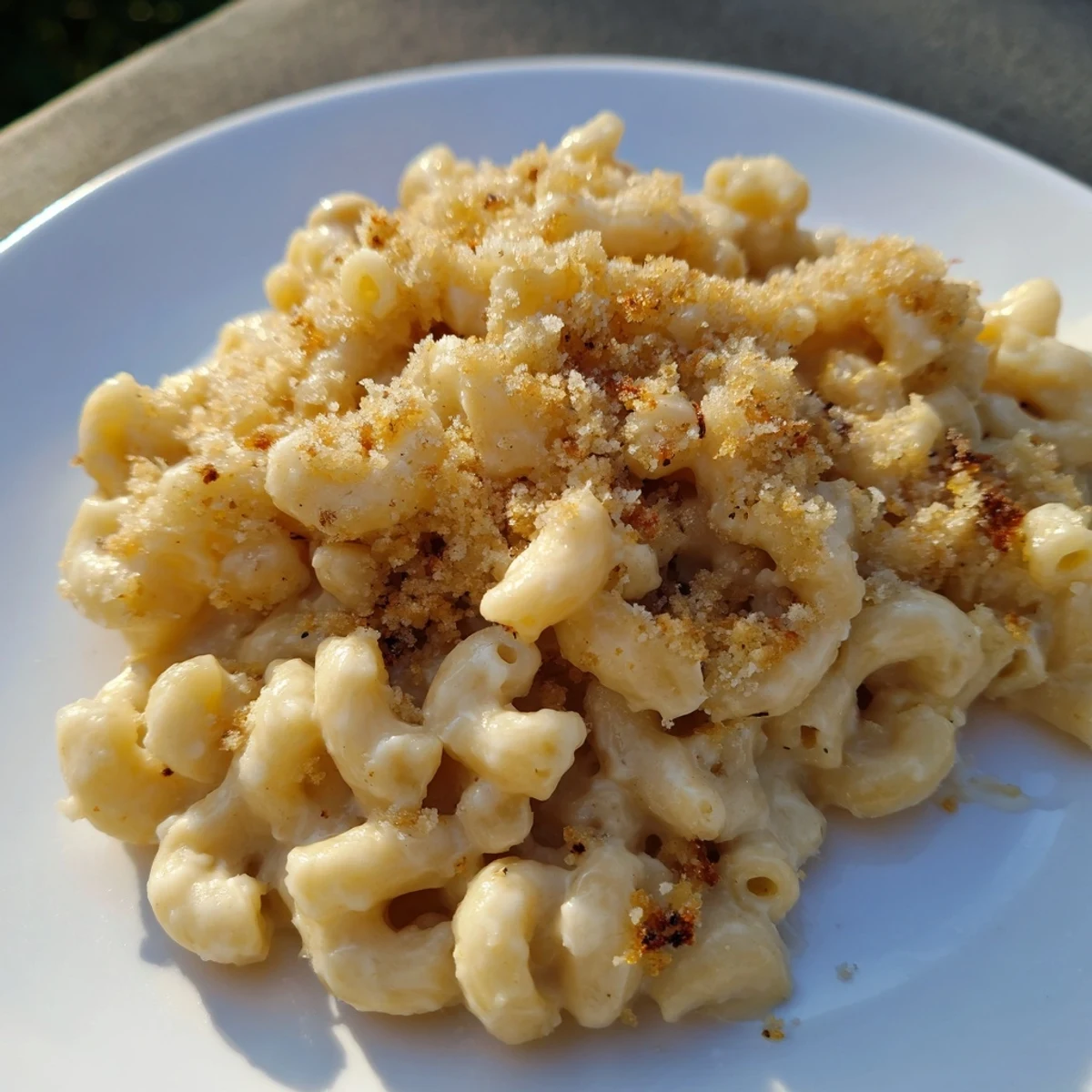 Golden, bubbly baked Mac and Cheese topped with crispy breadcrumbs, ready to serve and enjoy.