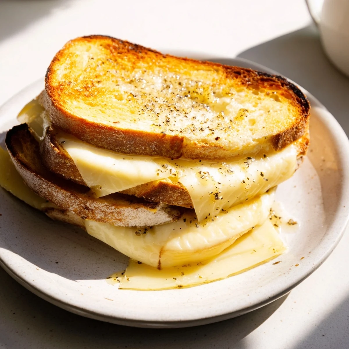 Golden-brown Truffle Oil Grilled Cheese, oozing melted cheddar, delicious and savory in every bite.