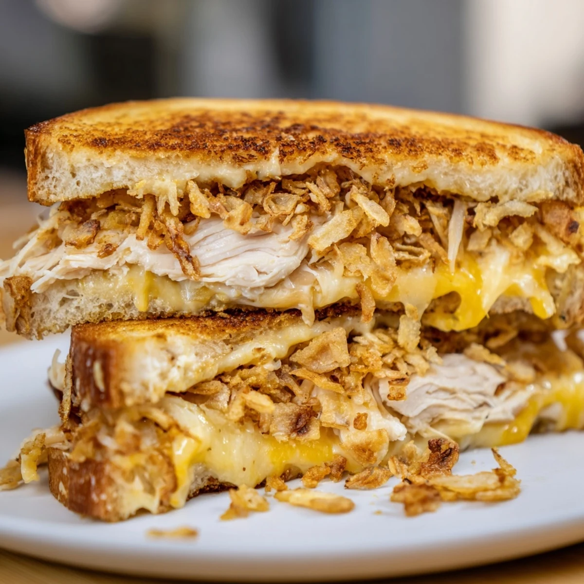 Golden brown and oozing cheese, the Crispy Shallot Chicken Grilled Cheese is a comforting delight.