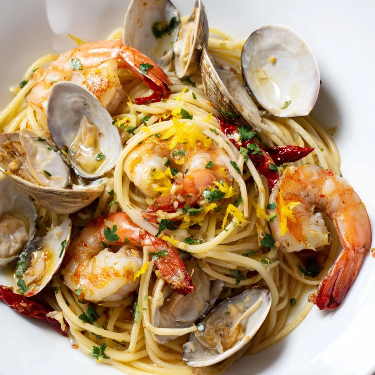 Steaming bowl of Seafood Pasta Aglio e Olio with shrimp, clams, and fresh parsley, a delightful Italian meal.