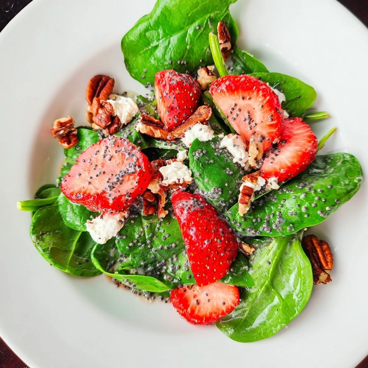 Fresh Spinach Strawberry Salad with bright red strawberries, perfect for a summer lunch.