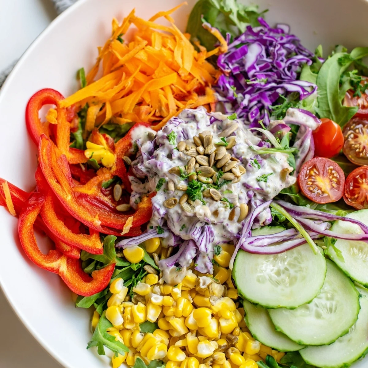 Rainbow Salad with vibrant colors of fresh vegetables drizzled with creamy tahini dressing.