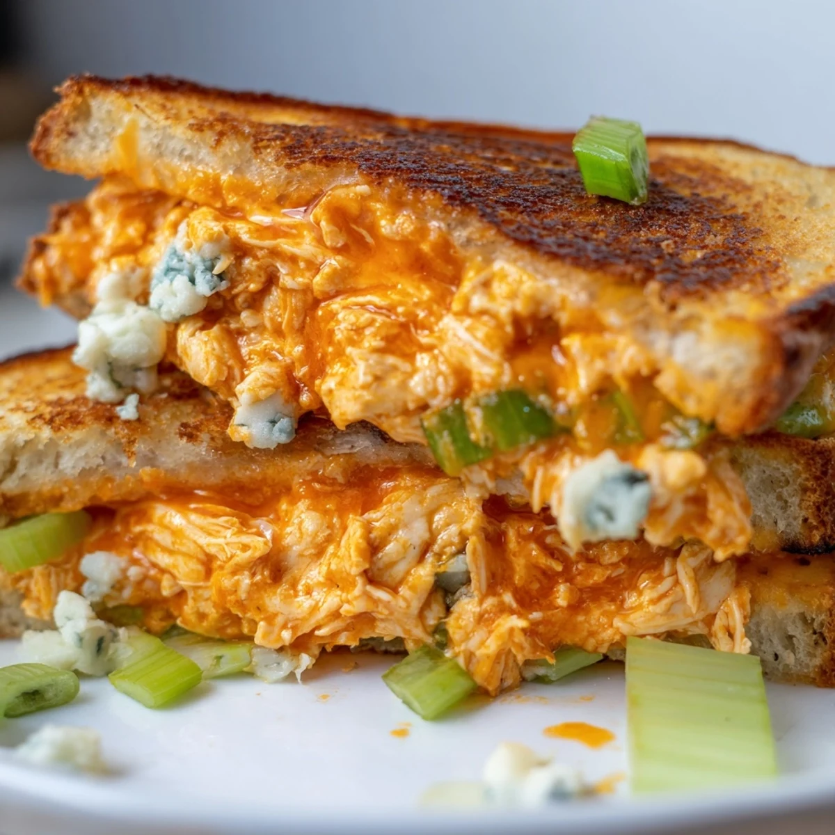 Golden-brown Buffalo Chicken Grilled Cheese, overflowing with melted cheese and spicy, tender chicken.