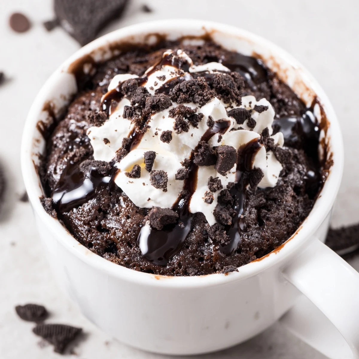 A freshly baked Oreo Mug Cake, with a soft, moist center perfect for dessert tonight.