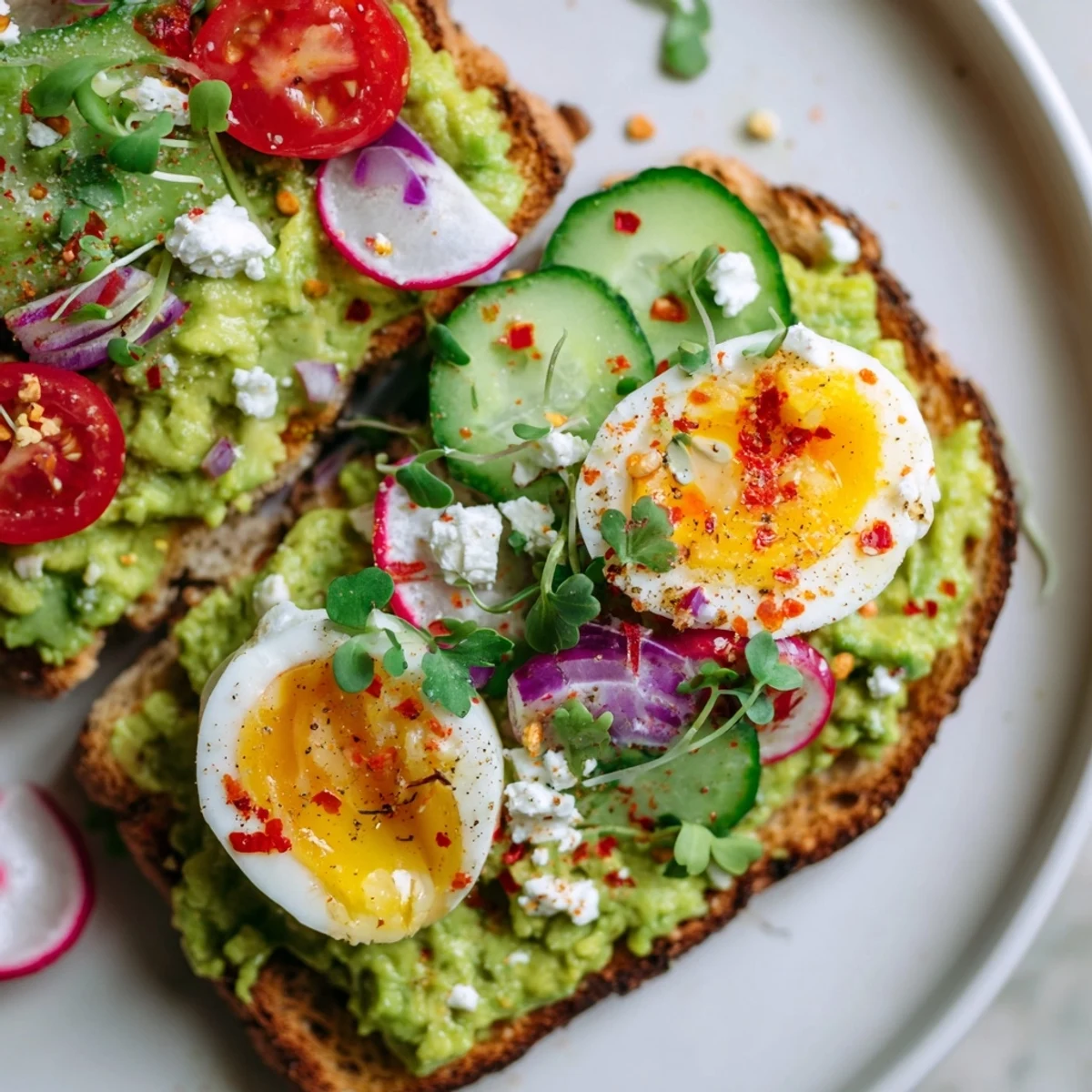 A colorful plate of loaded avocado toast with a runny yolk, ready to savor.