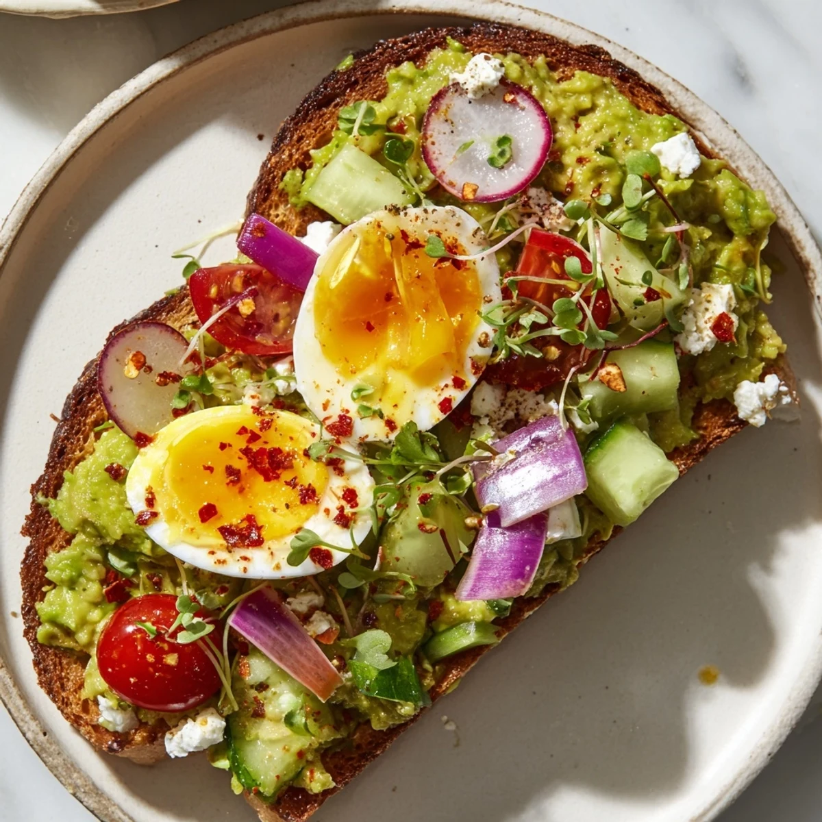 Enjoy savory loaded avocado toast with a vibrant arrangement of fresh, tasty toppings.