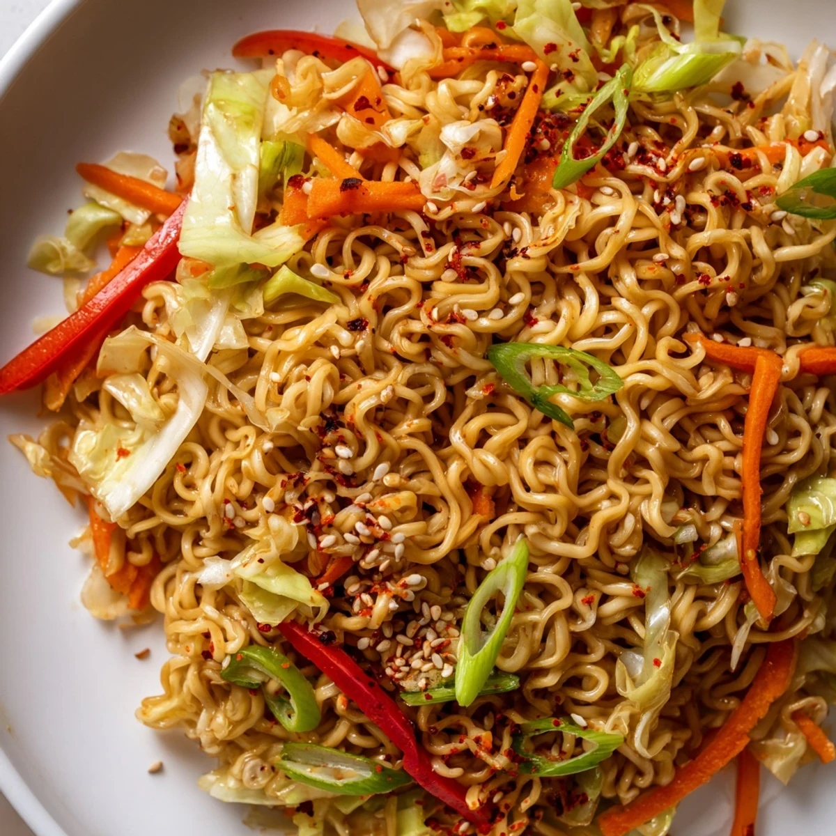 Steaming bowl of spicy ramen stir fry, with vibrant vegetables and savory sauce coating the noodles.