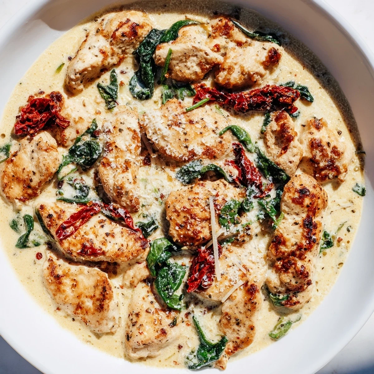 Golden chicken with sun-dried tomatoes and spinach in creamy sauce, Creamy Tuscan Chicken perfection.