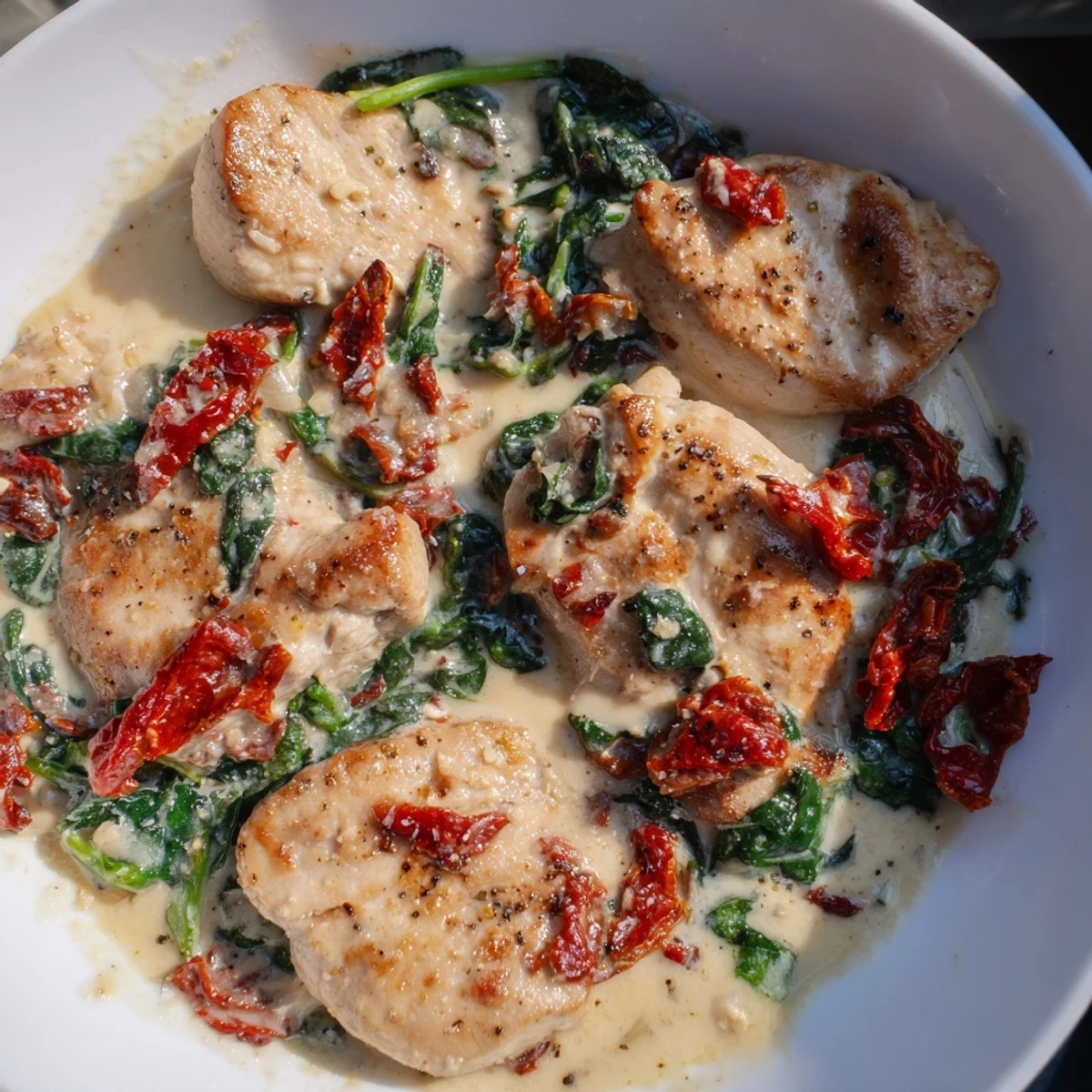 Warm, creamy bowl of Creamy Tuscan Chicken; imagine the flavors of Italy made easy.