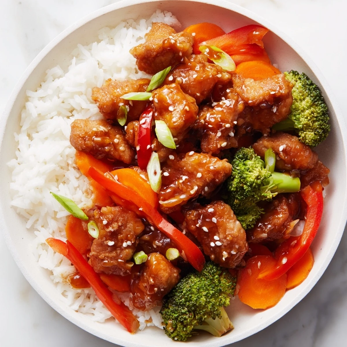 Golden teriyaki chicken on rice, glistening with sauce, alongside vibrant, steamed vegetables.