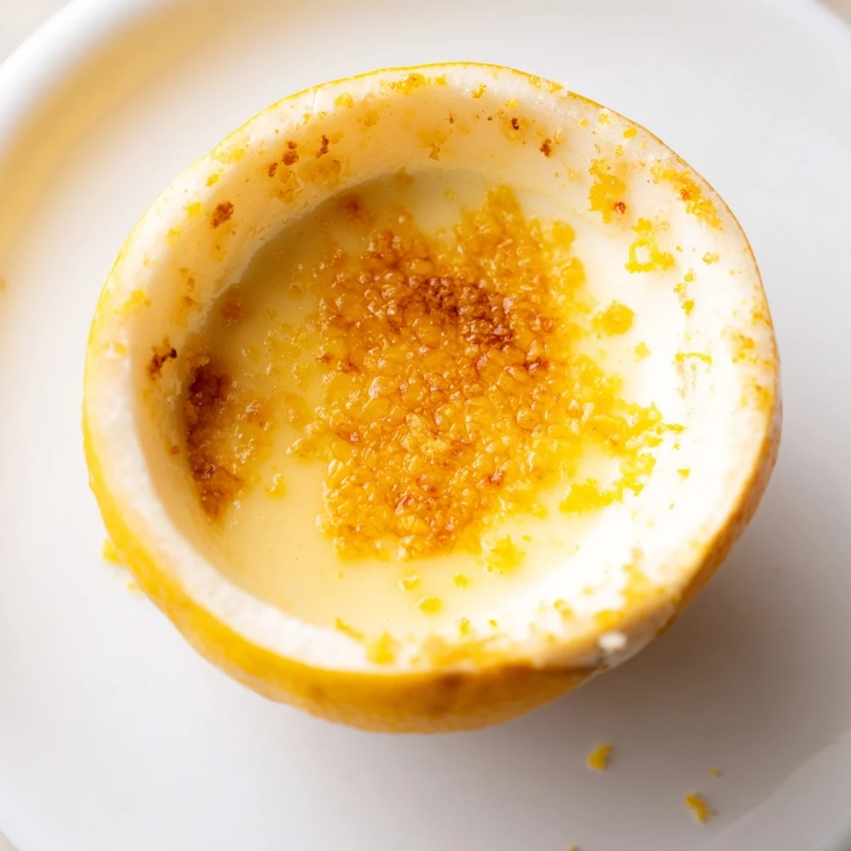 Lemon Brûlée Posset dessert, glistening and creamy, with a crackling caramelized sugar topping, ready to enjoy.