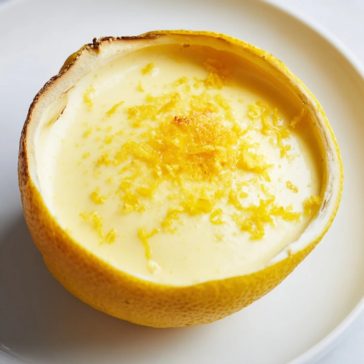 Freshly caramelized sugar topping on Lemon Brûlée Posset highlighting the creamy lemon filling, ideal for dessert.
