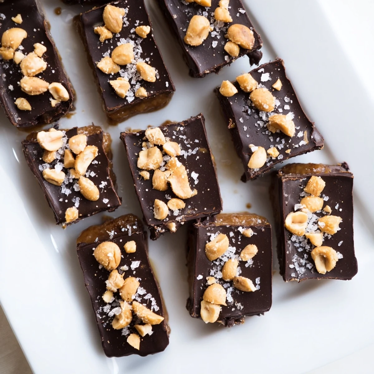 Date Bark Snickers-Style, a no-bake dessert featuring dates layered with peanut butter, chocolate, and nuts.