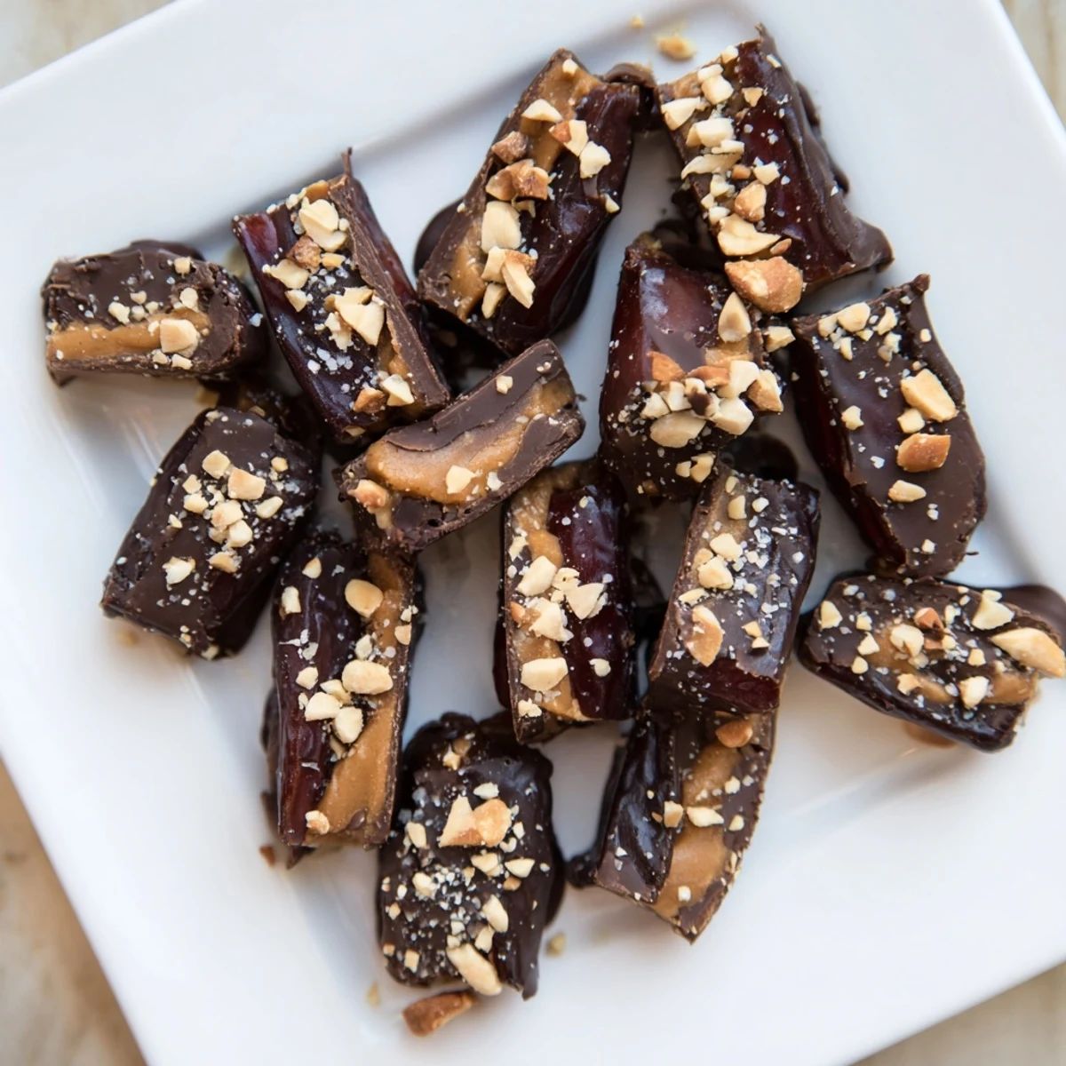 Delicious Date Bark Snickers-Style squares, showcasing a rich chocolate topping sprinkled with chopped peanuts.