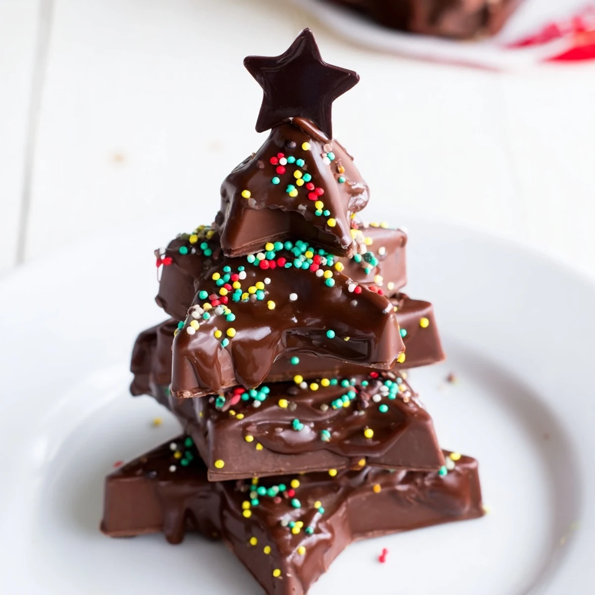 Making the easy Chocolate Kinder Christmas Trees: layering Kinder bars and drizzling melted chocolate for a dessert.