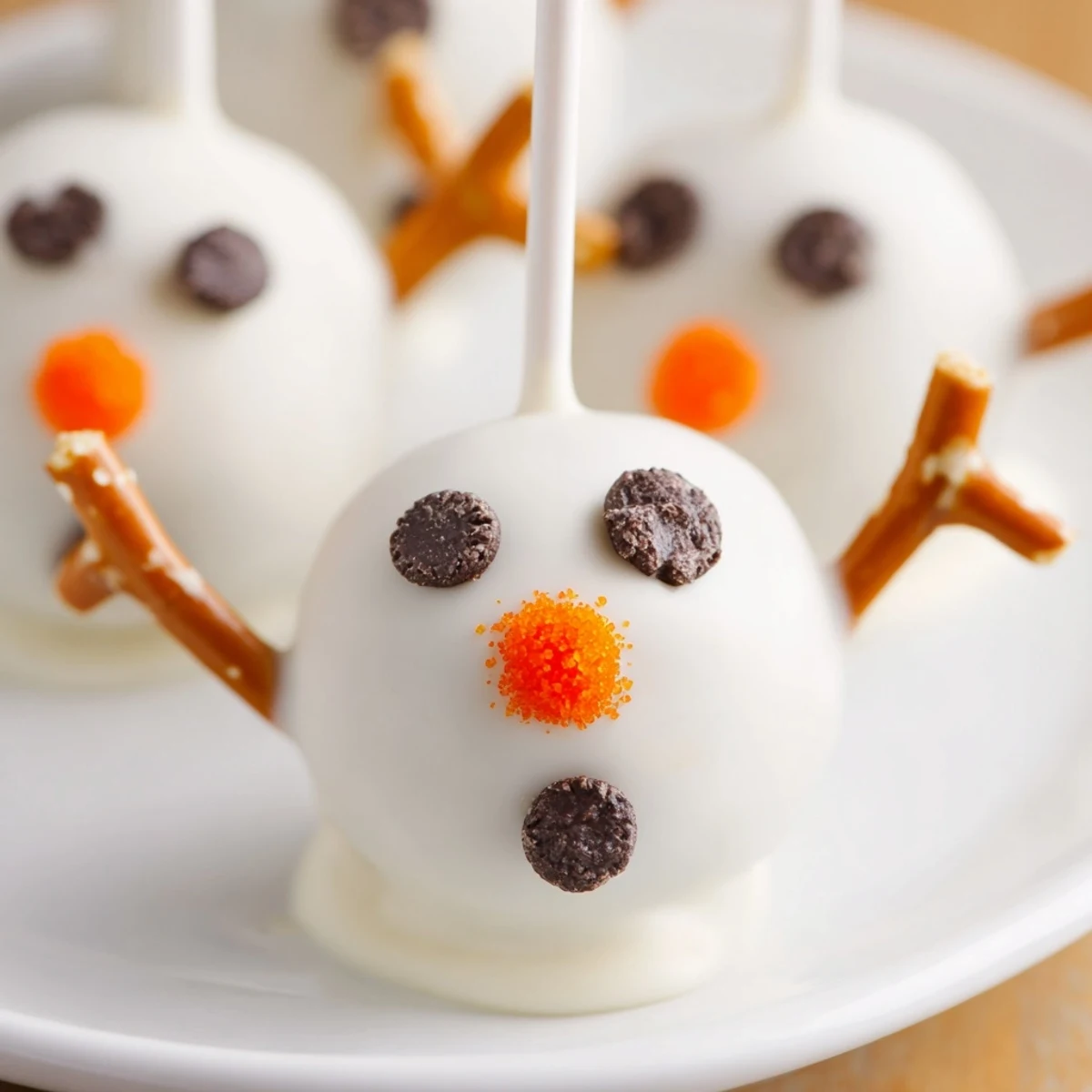 Delicious Oreo Snowman Cake Pops decorated with chocolate chip eyes and pretzel arms; a festive dessert.