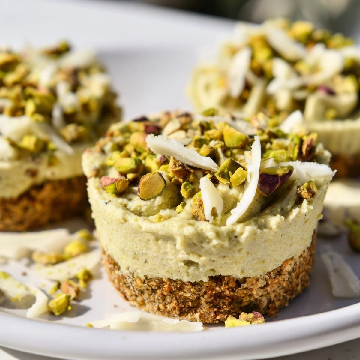 These delightful Pistachio Cheesecake Bites are chilled and set, showcasing a luscious green filling and garnished pistachios.