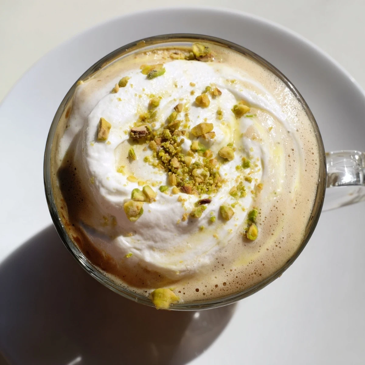 Picture this: a delightful Pistachio Latte, made with frothed milk, served hot or iced.