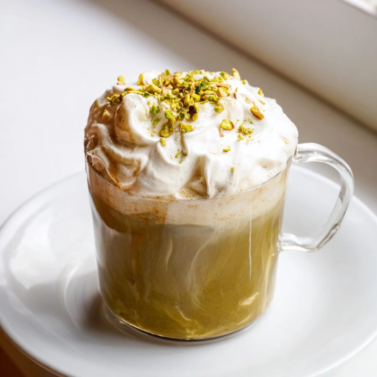 Enjoy a creamy Pistachio Latte, topped with a cloud of cold foam and crunchy pistachios.