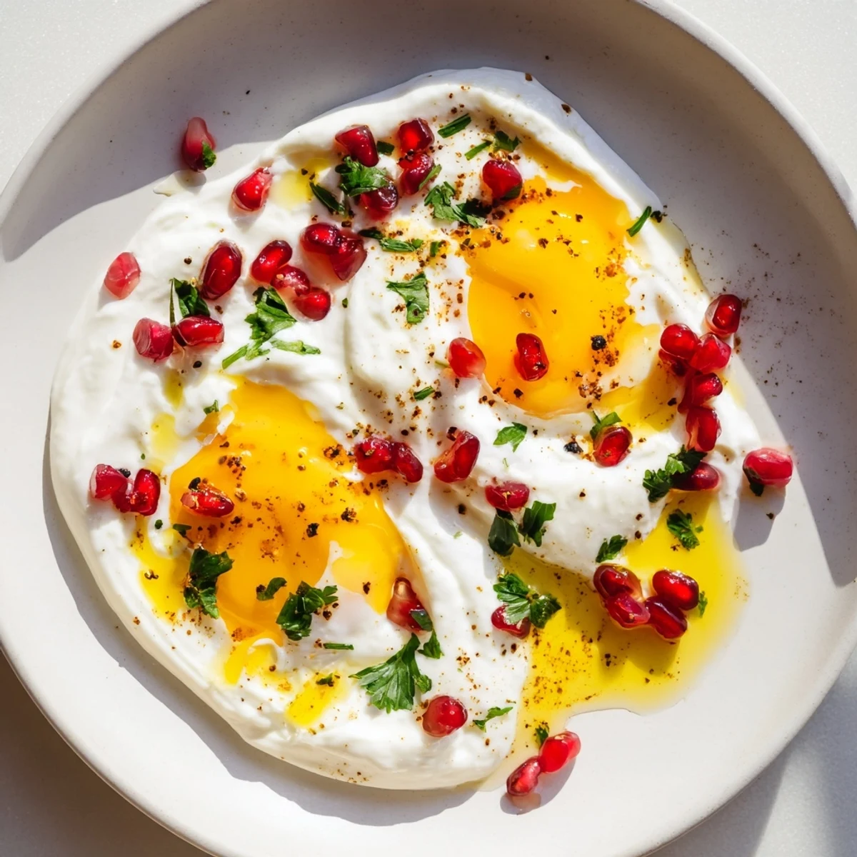 Çılbır with sumac butter: creamy yogurt topped with poached eggs and vibrant pomegranate.
