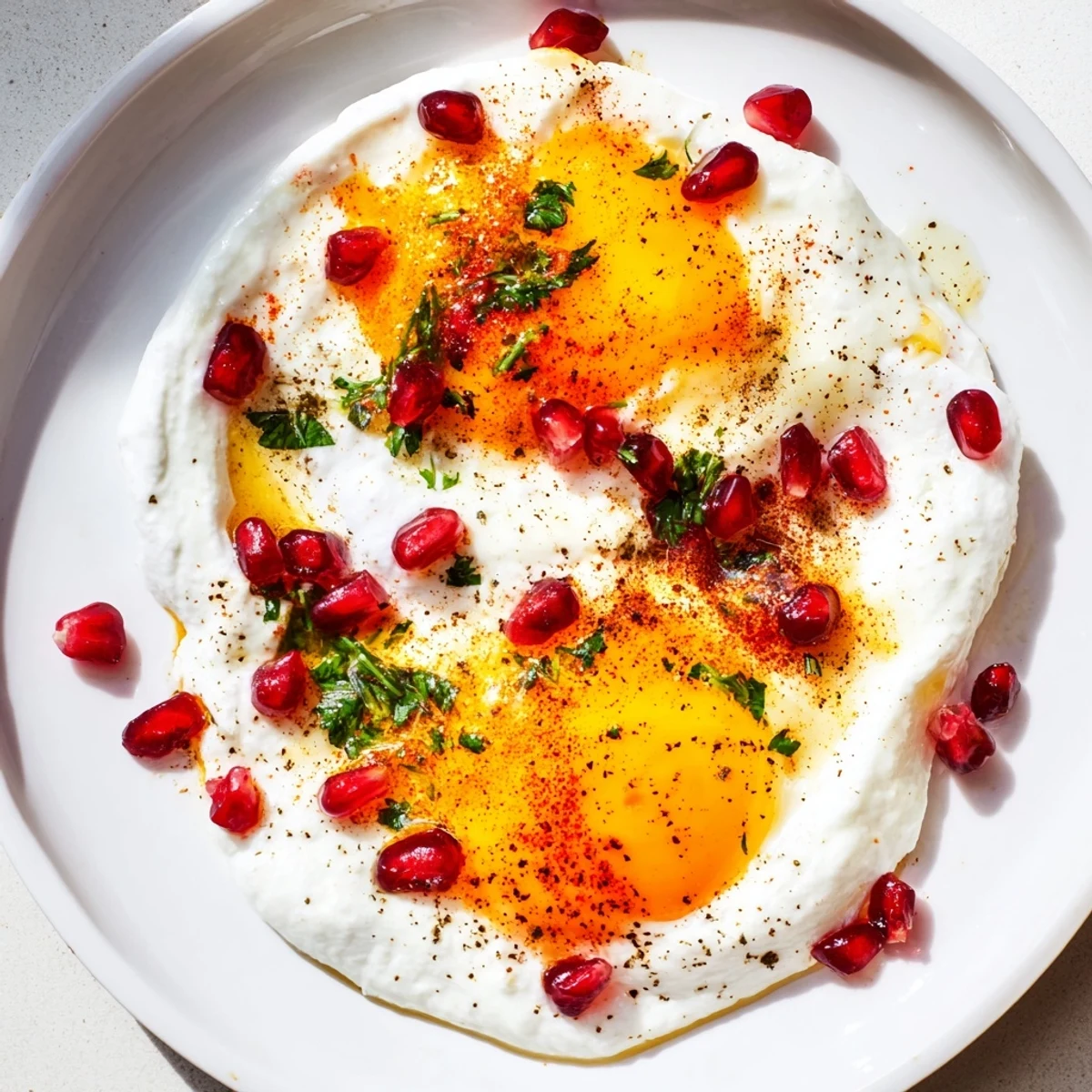 A bright plate of Çılbır: enjoy the tang of sumac and bursts of juicy pomegranate.