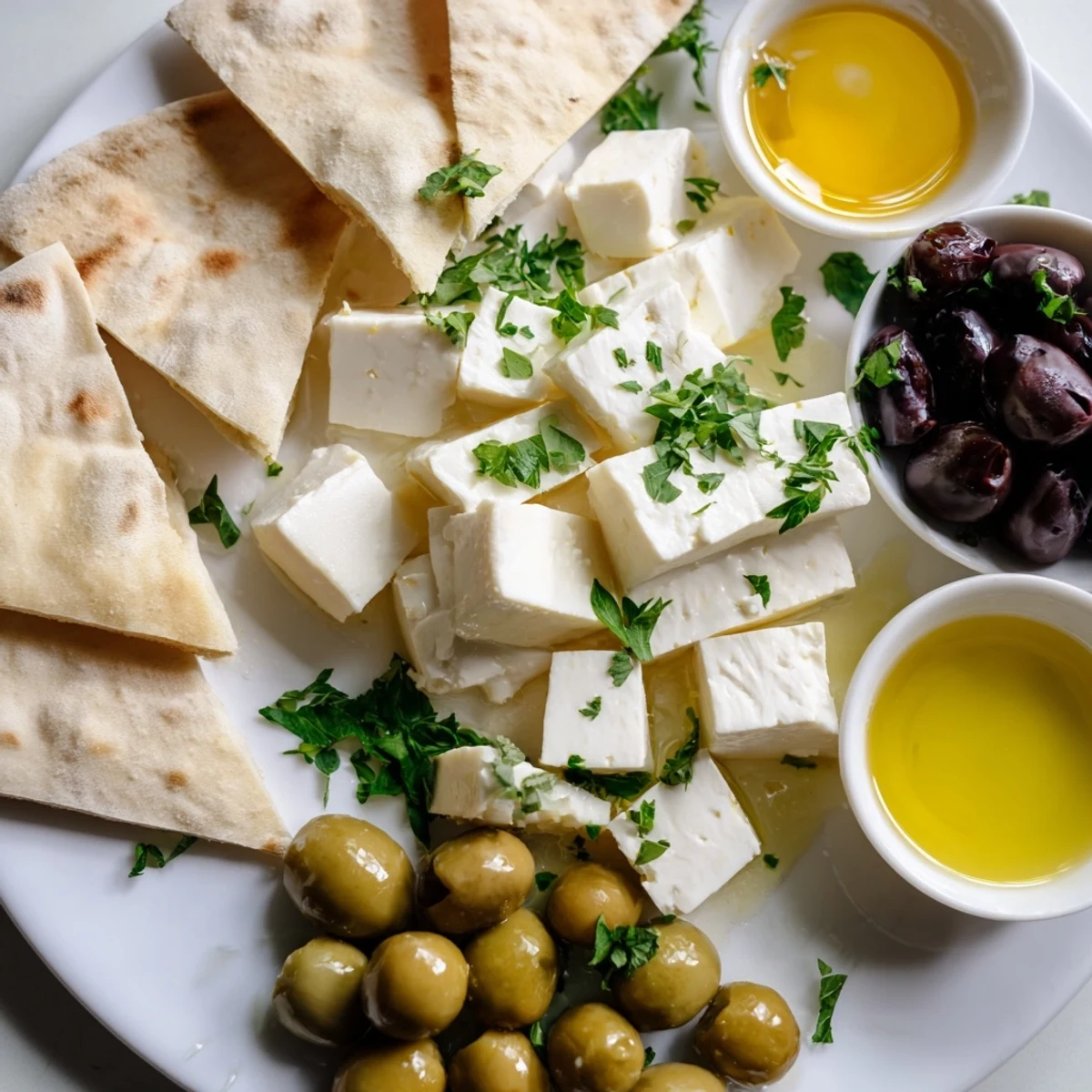 A delicious Turkish Olives & Cheese Board: Creamy feta, salty olives, and warm pita bread perfect for sharing.