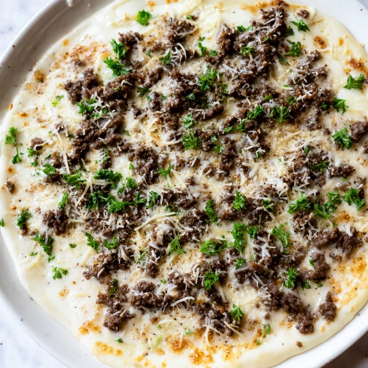 This Ground Beef Alfredo Pizza shows a bubbly, golden crust with creamy Alfredo and hearty beef.