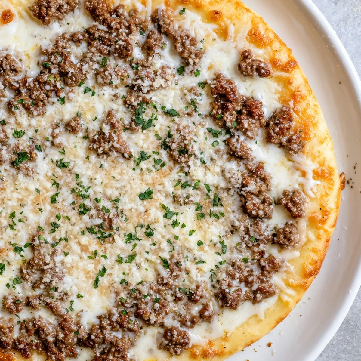 A beautiful, close-up shot of hot, cheesy Ground Beef Alfredo Pizza just out of the oven.
