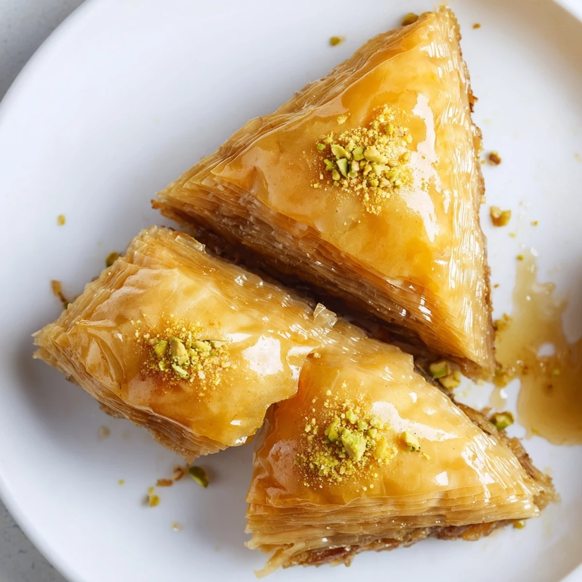 Golden Turkish hazelnut & pistachio baklava, glistening with honey syrup, a delicious dessert.