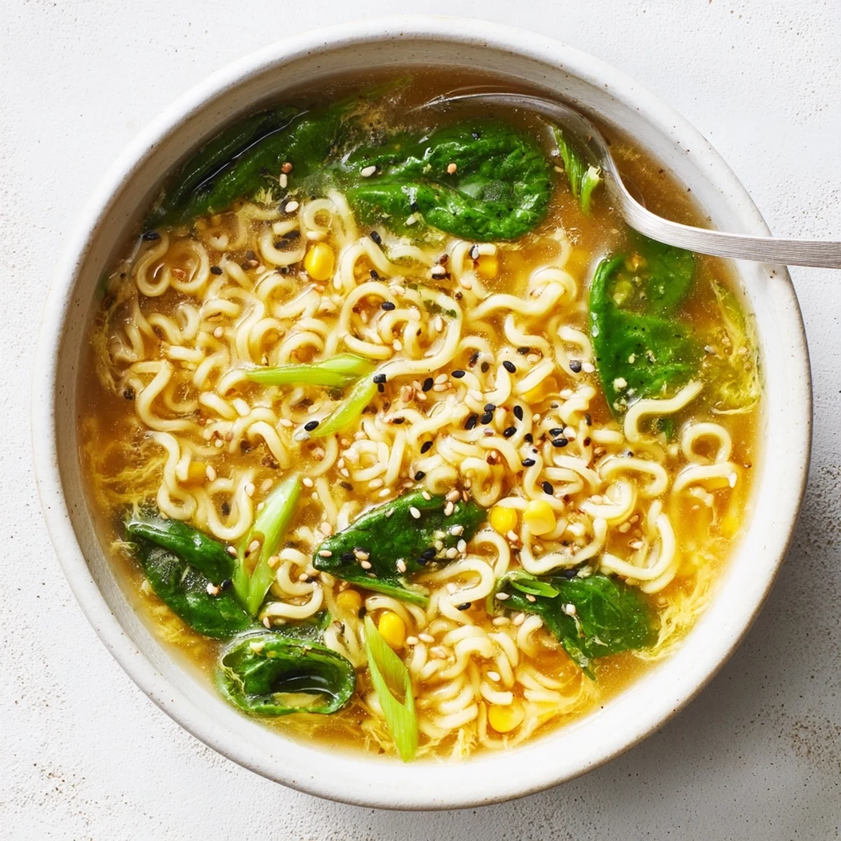 Top-down view of Elevated Ramen Egg Drop Soup featuring tender noodles, corn, and bok choy in savory broth.