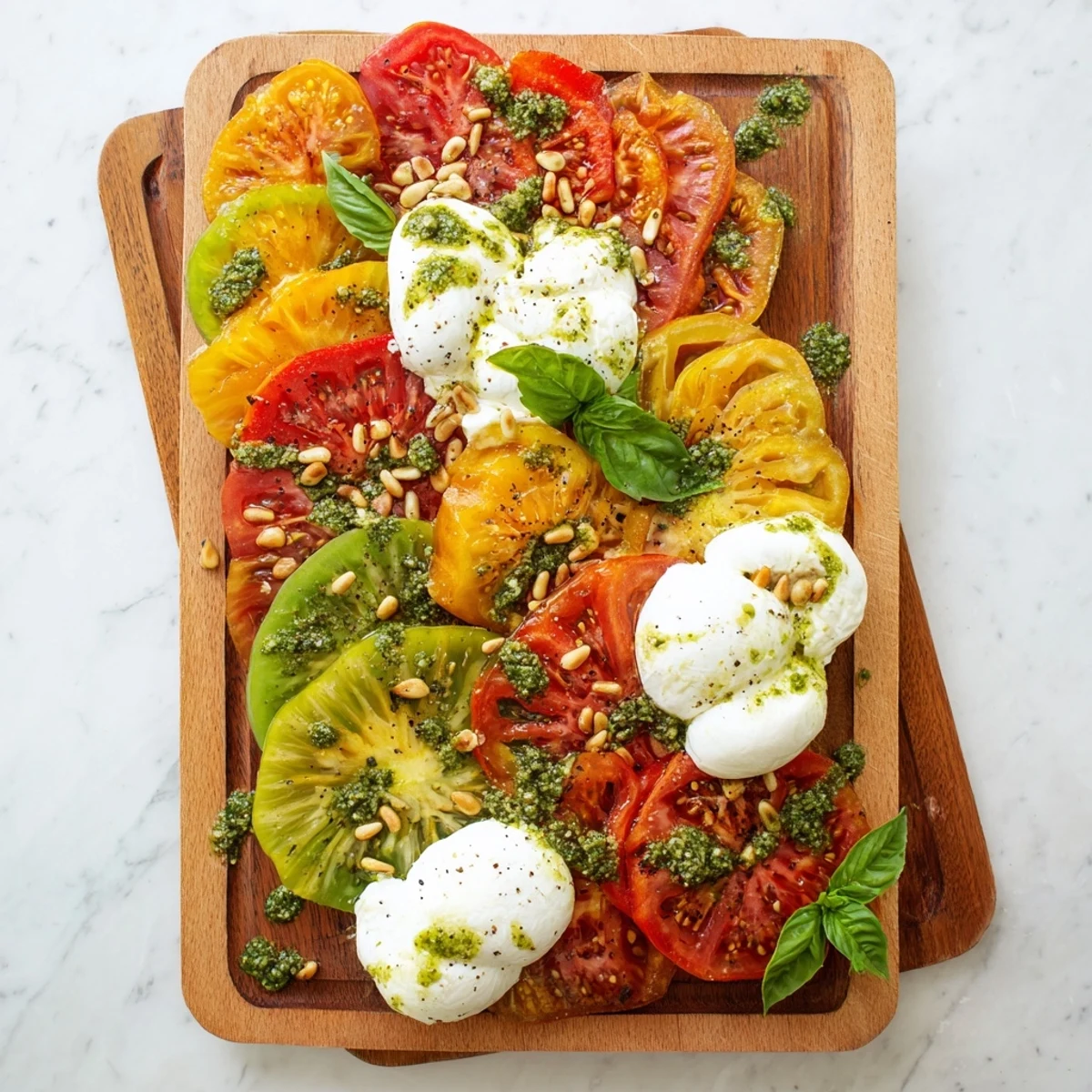Fresh heirloom tomatoes, creamy burrata, and basil oil beautifully arranged on a wooden serving board for sharing.  
