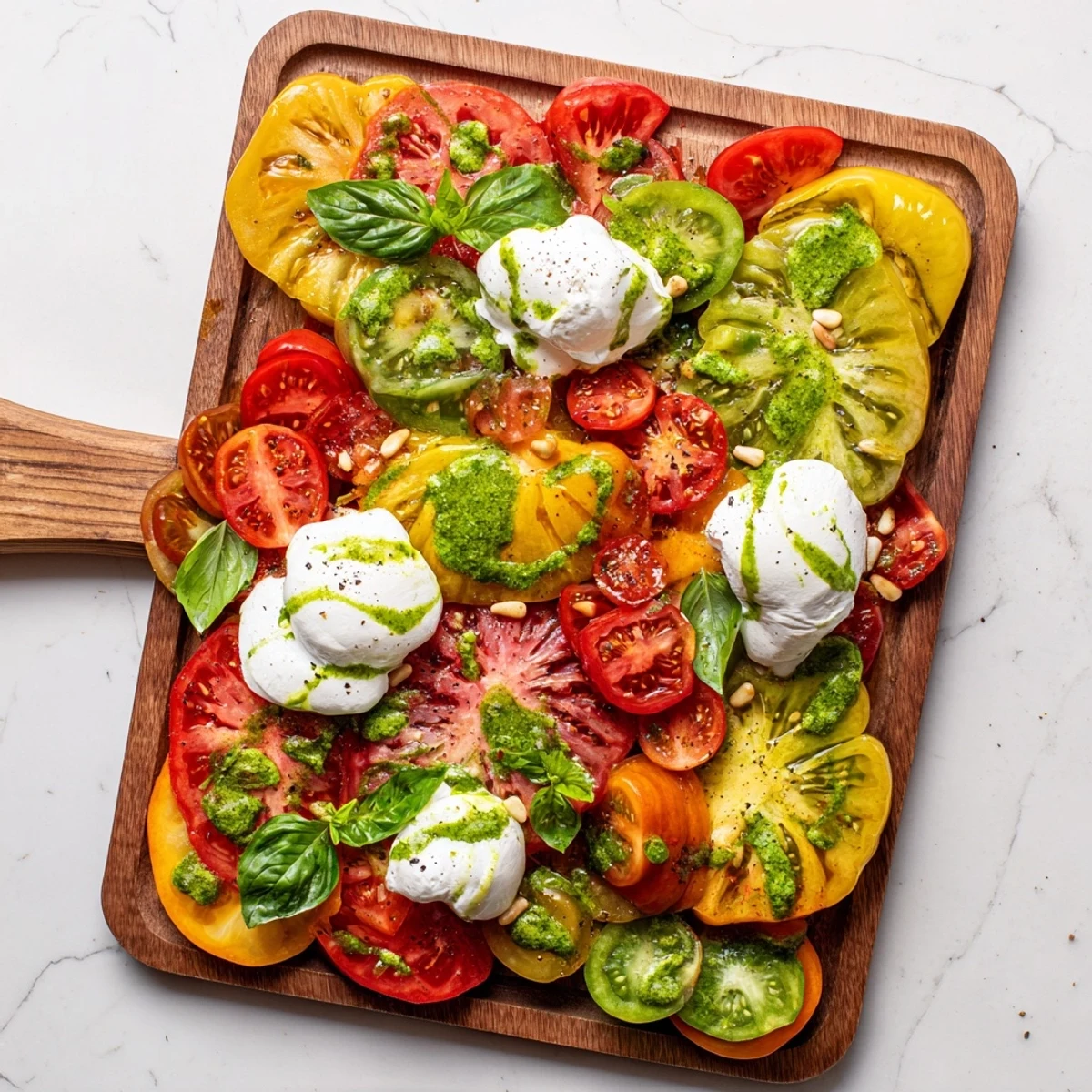 Heirloom tomato salad board with burrata and basil oil, drizzled and garnished for a colorful Mediterranean appetizer.