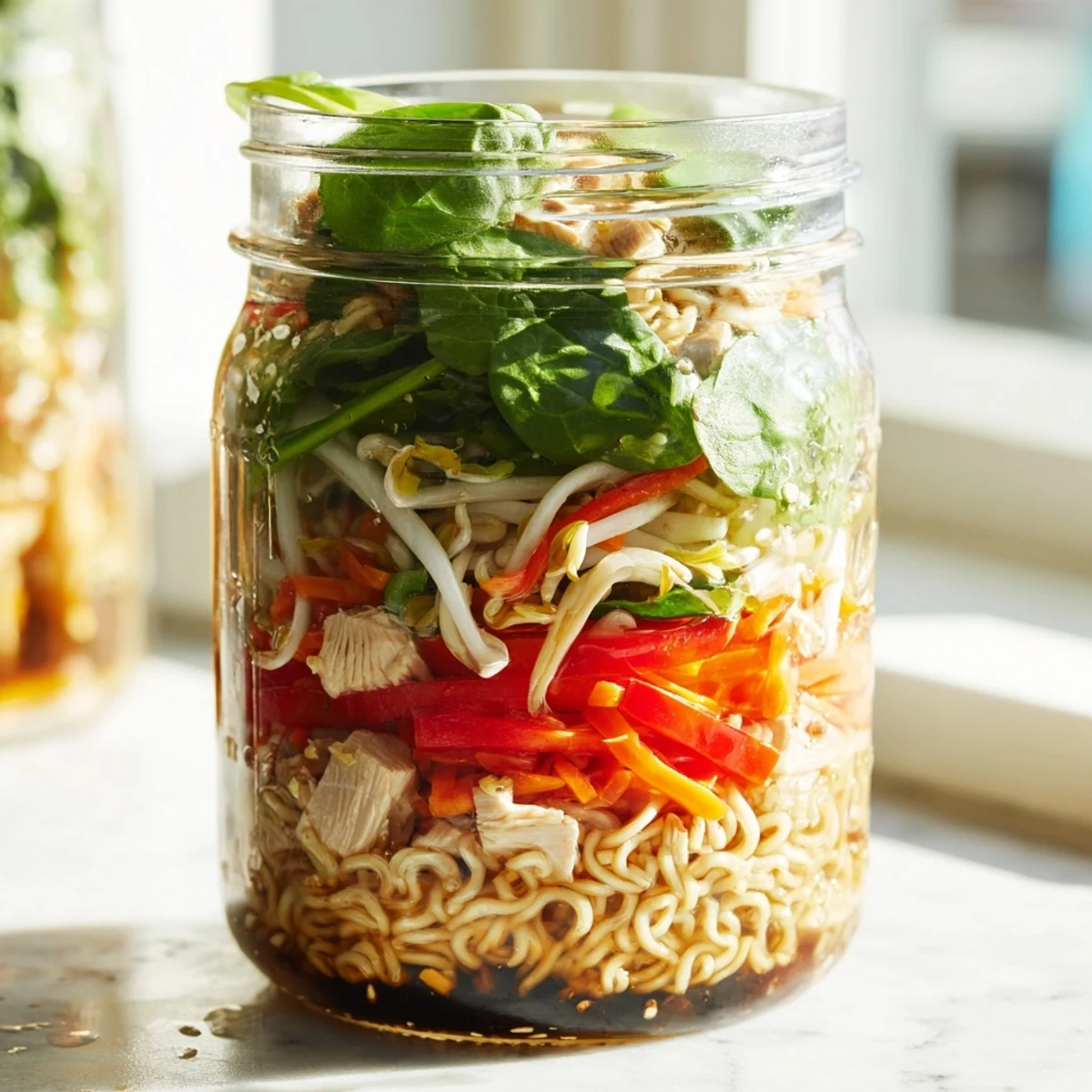 Clear glass mason jars layered with colorful fresh vegetables, noodles, and chicken, topped with cilantro and peanuts for a portable Mason Jar Noodle Meal.