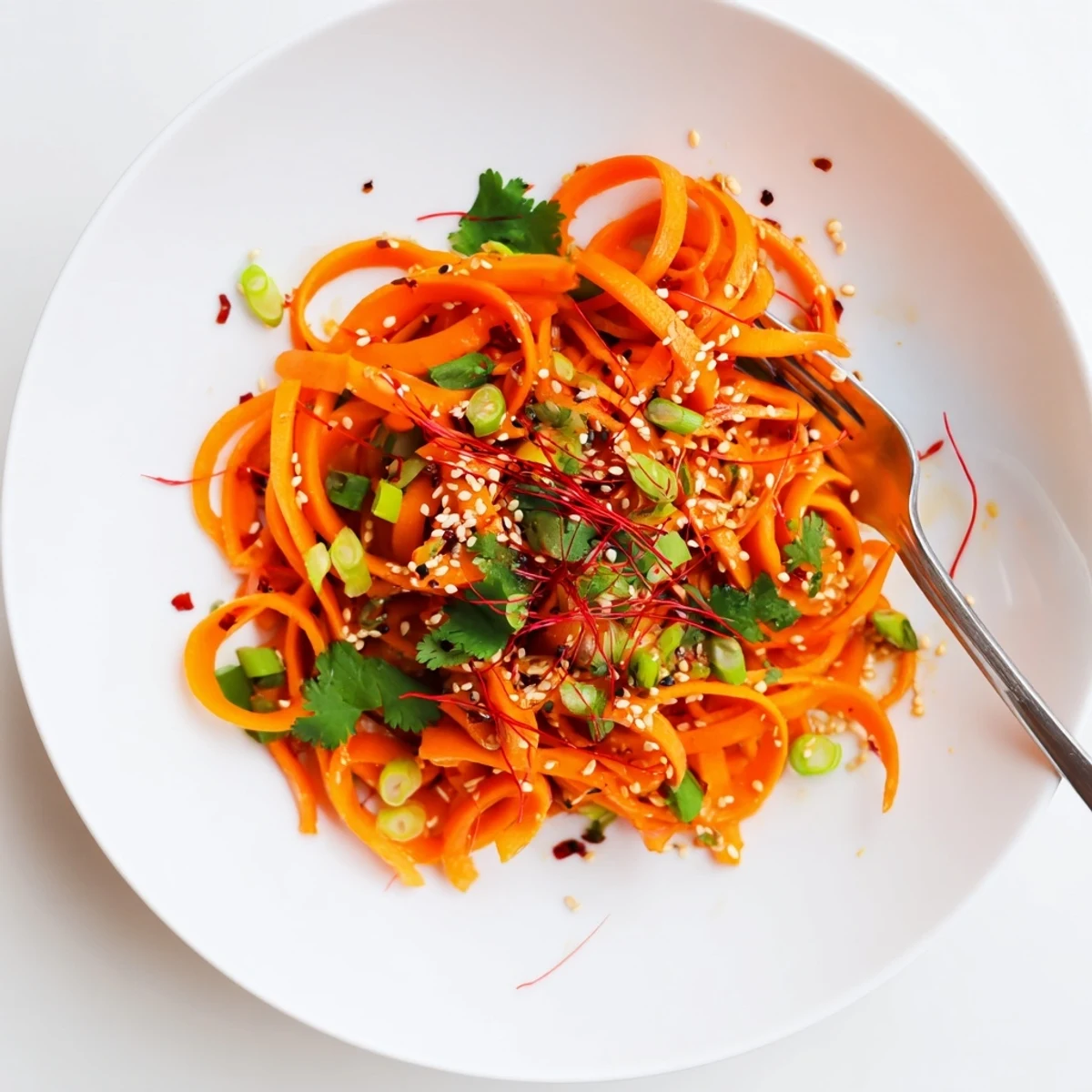 Thin ribbons of carrots tossed in a zesty soy-sesame dressing with toasted sesame seeds, garnished with fresh cilantro.  