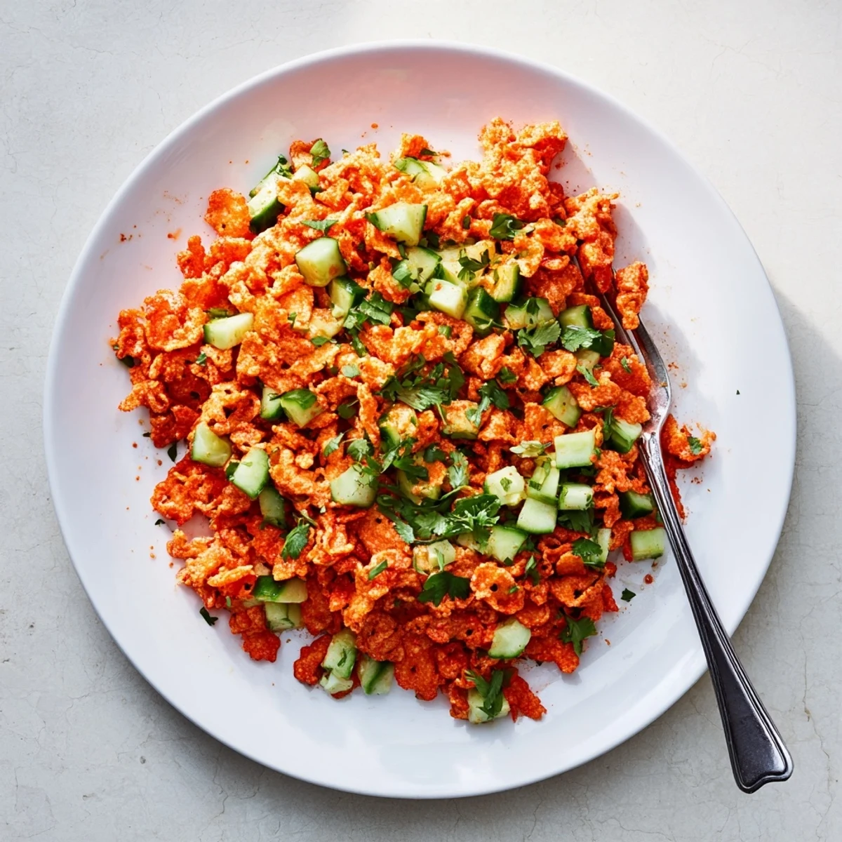 Crushed Flamin Hot Cheetos tossed with crisp cucumber, fresh cilantro, and a zesty lime-hot sauce dressing.