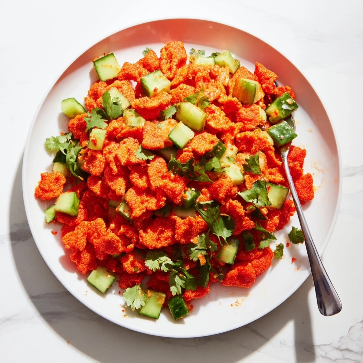Bold, crunchy vegetarian side dish featuring spicy Cheetos, cool cucumber, and fresh cilantro, served in a bowl.