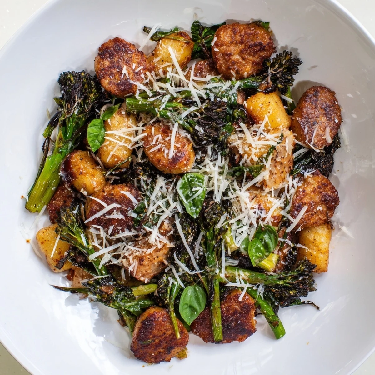 Golden-brown Sheet Pan Gnocchi Bake with crispy sausage and charred broccolini on a white plate, garnished with fresh basil.  