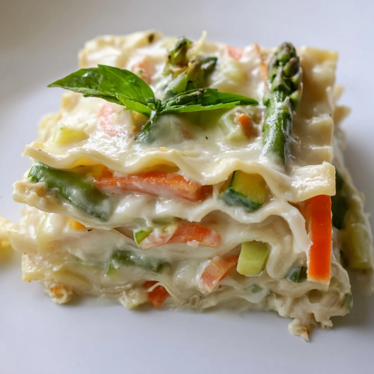 Freshly baked Spring Veggie Alfredo Lasagna with bubbly cheese, green spinach, and tender zucchini slices rests on a wooden cutting board, ready to serve.