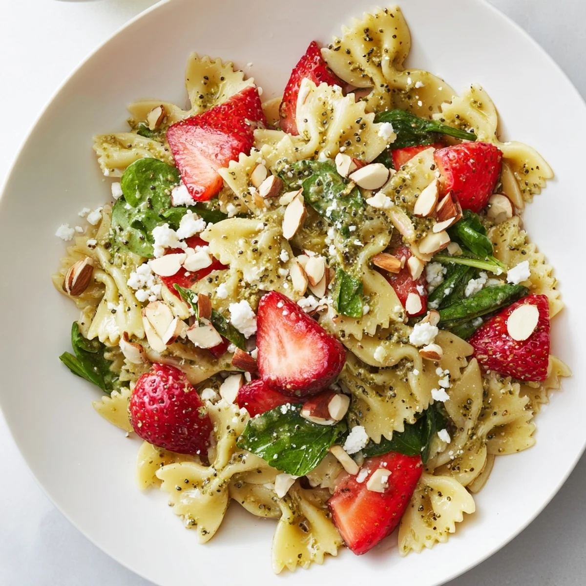 Bright green baby spinach and sweet sliced strawberries are tossed with bow-tie pasta in a tangy poppy seed dressing, creating a refreshing Spring Spinach Strawberry Pasta Salad.