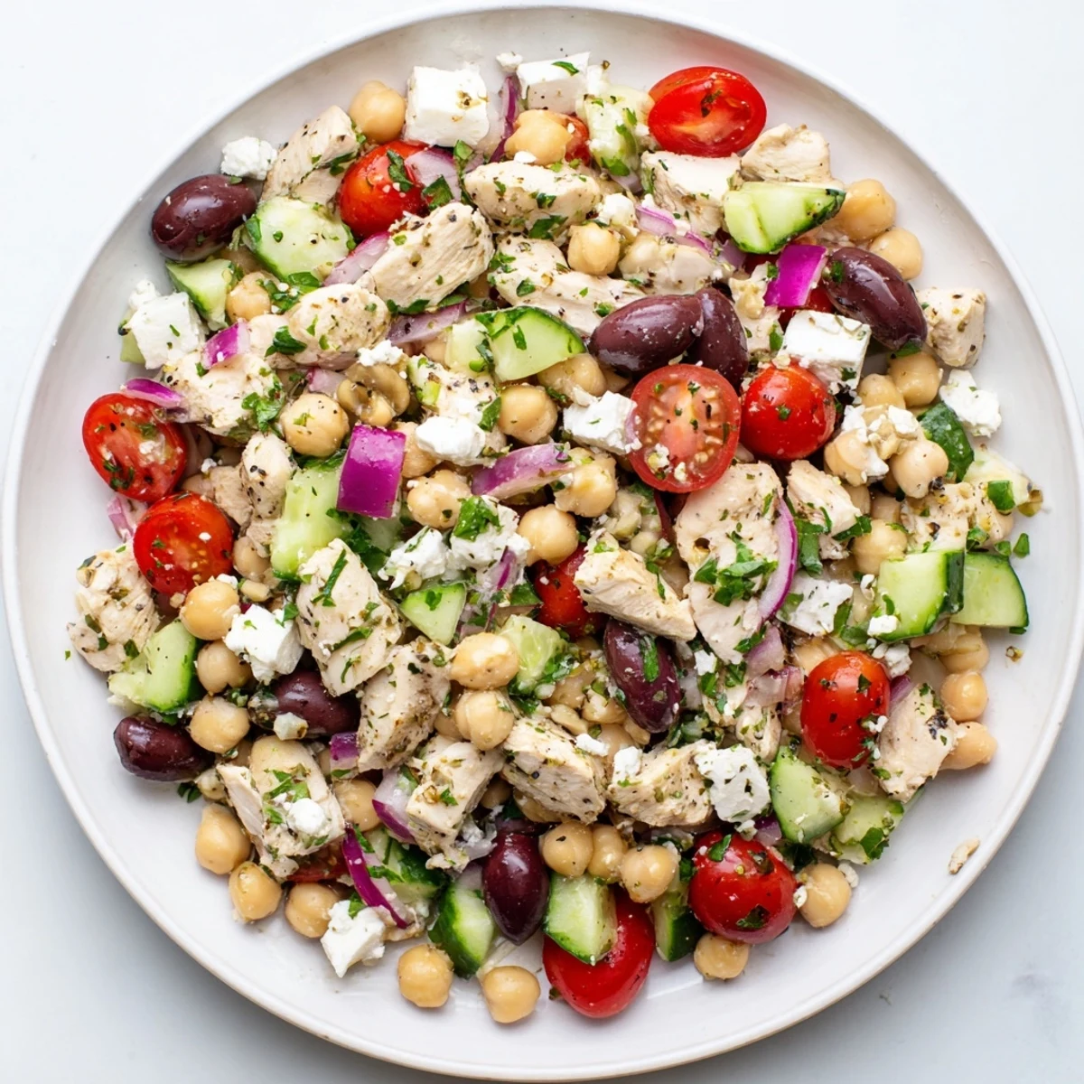 Chopped crisp cucumbers and tomatoes tossed with chickpeas in this vibrant Mediterranean Chickpea Chicken Salad.