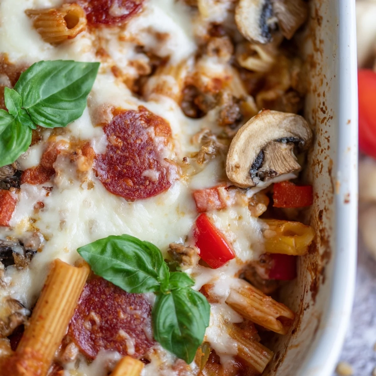 A close-up of a serving scoop of High Protein Italian Beef and Pasta Bake reveals whole wheat pasta, lean ground beef, and spinach.